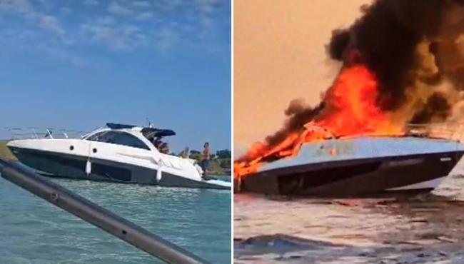 Lancha pega fogo e passageiros se jogam no mar para escapar do fogo