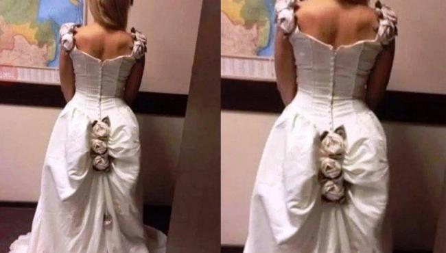 Mulher vira piada ao compartilhar foto do vestido de noiva: “Cuecão de rosas”