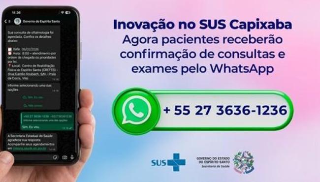 Pacientes do SUS no Espírito Santo terão confirmação de consultas e exames pelo WhatsApp