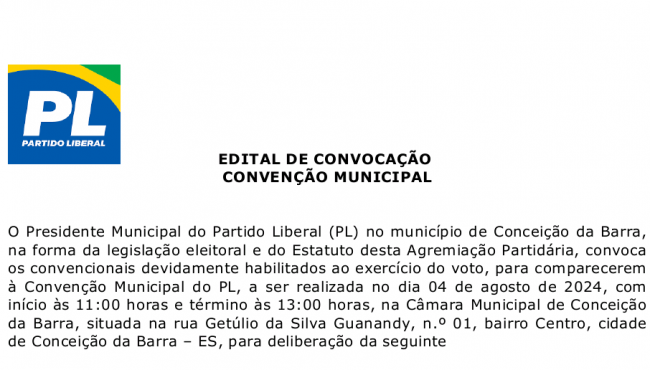 Partido Liberal convoca convenção municipal  para o dia 4 de agosto, em Conceição da Barra, ES