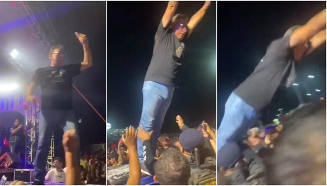 Prefeito se empolga em festa e se joga pra cair nos braços da plateia, mas cai no chão