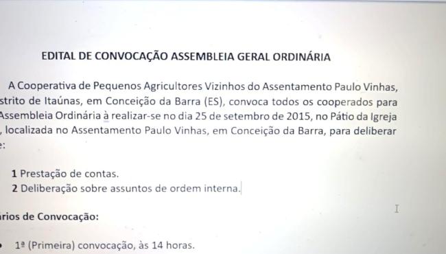 Presidente da Cooperativa de Pequenos Agricultores Vizinhos do Assentamento Paulo Vinhas convoca Assembleia Ordinária para o dia 25 de setembro