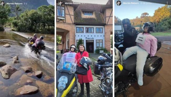 Turista leva “marido reborn” na garupa de moto e provoca risadas nas estradas